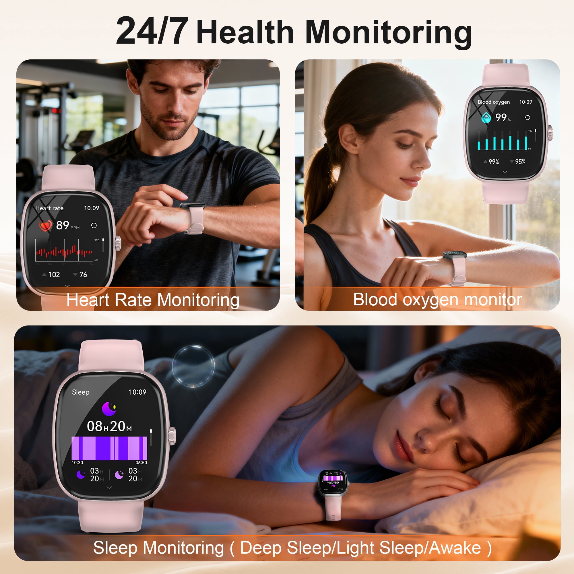 TPUFO Smart Watch Fits for iPhone and Android, 1.85-inch HD Fitness Tracker with Bluetooth Call Function, 120+ Sport Modes, IP68 Waterproof, Pink