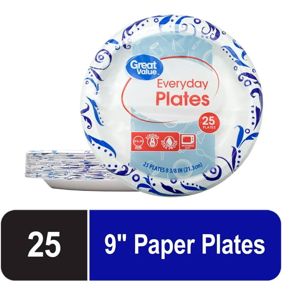 Great Value Everyday Strong, Soak Proof, Microwave Safe, Disposable Paper Plates, 8.375", Patterned, 25 Count