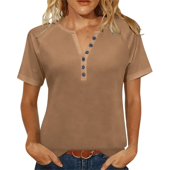 Olyvenn Summer T Shirts for Women Dressy Casual V Neck Button Up Blouse Solid Color Loose Short Sleeve Tunic Tops Khaki XXXXL