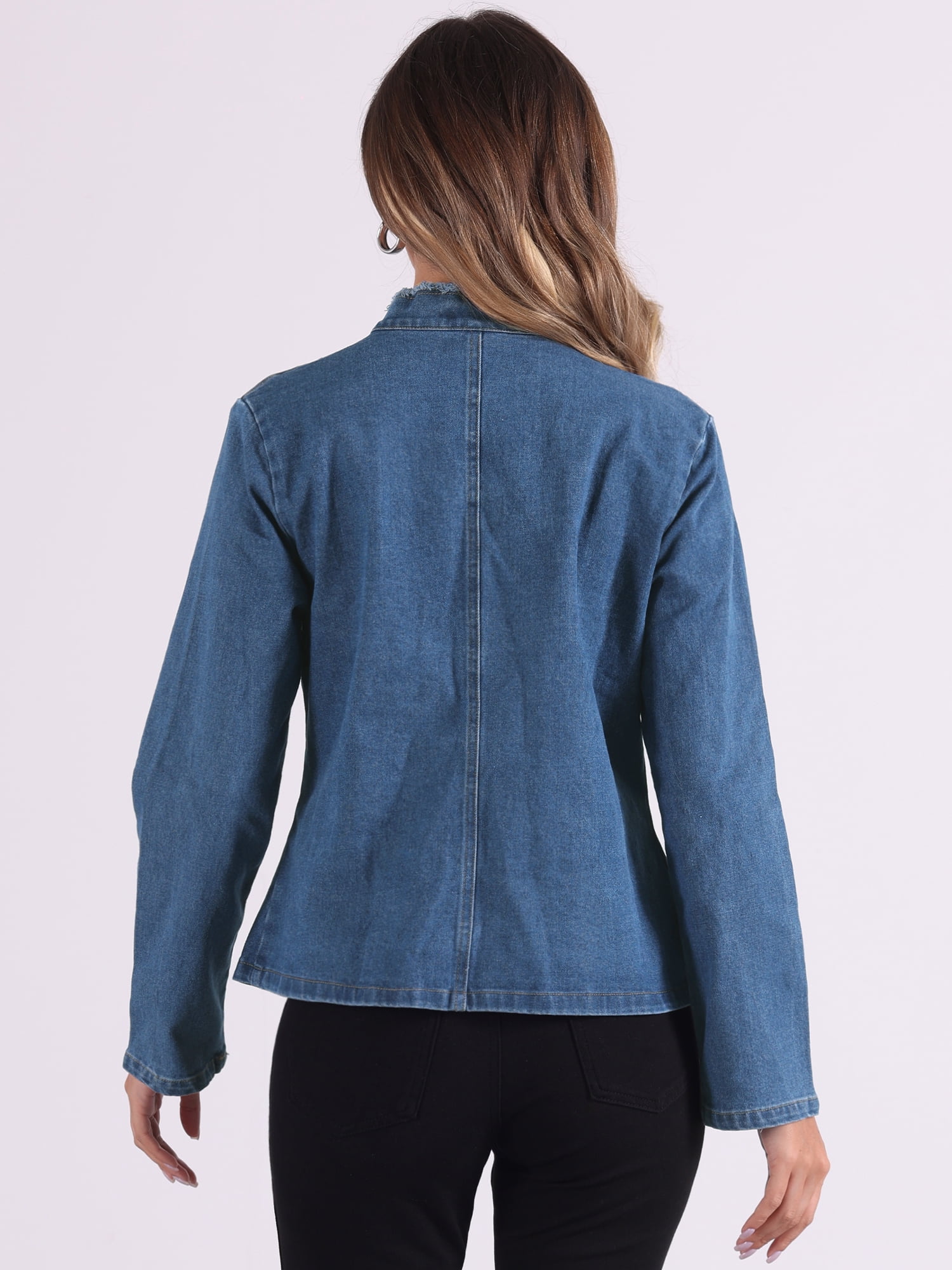 DARING DIVA Women's Denim Blazer Open Front Casual Stand Collar Jeans Jacket S Blue