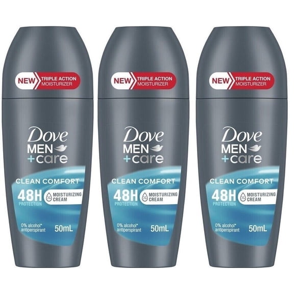 Dove Men Clean Comfort Deodorant Roll On 48 H, 50 ml Travel Size, Pack of 3