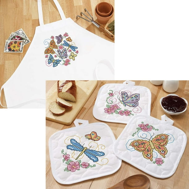 Herrschners® Butterfly Flutter Apron & Pot Holders Stamped CrossStitch