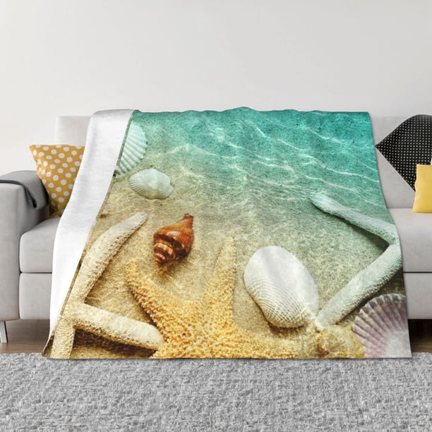 Balery Starfish And Seashell On The Beach Manta de Franela con Dibujo, Lujo Ultra Suave y Cálido, Antipelusa y Resistente a las Arrugas para Cama, Sofá, Camping -40"x30"