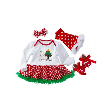 

Niuer Infant Fall Romper Sets Long Sleeve 4Pcs Christmas Outfits Clothes Crew Neck Leg Warmer Set Xmas Headband Suits Polka Dot Style-E 66cm
