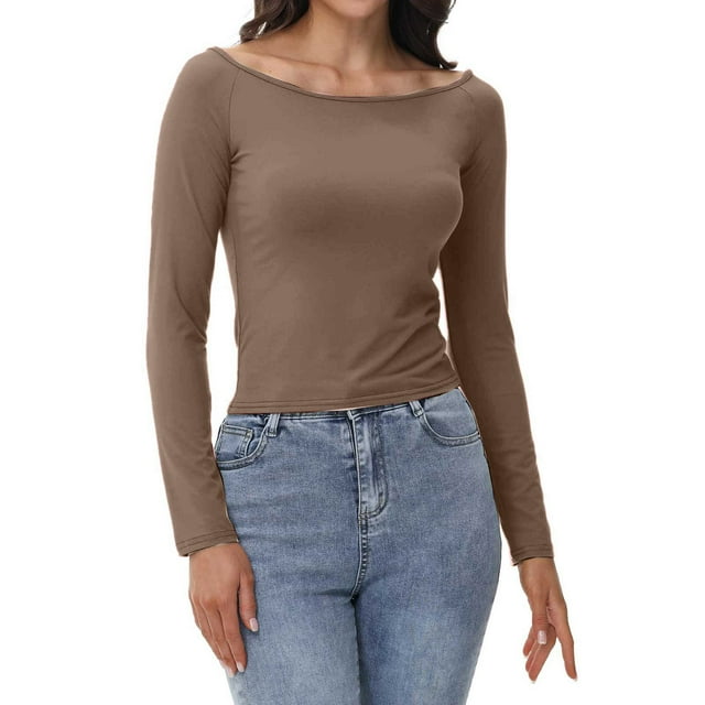 Top de manga larga con hombros descubiertos para mujer: camiseta corta sexy, material de poliéster, tallas XS-XL, ideal para la moda otoñal y para salir