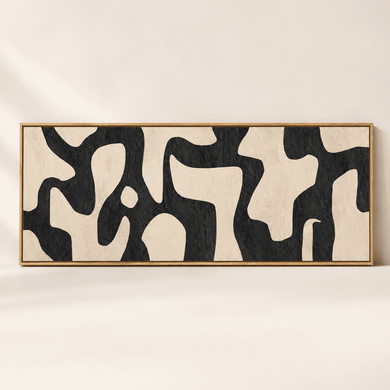 Black Shapes 60"L x 20"W Framed Abstract Canvas Wall Art Neutral Modern Decor