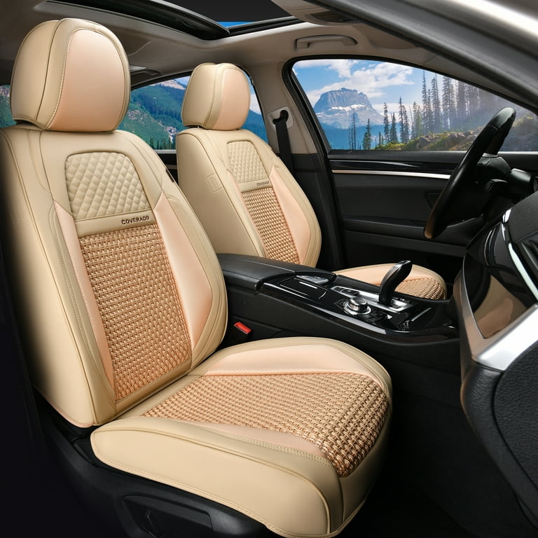 Coverado Car Seat Covers Set Tan Color 5 Seats Breathable Faux Leather Woven Beige Seat Covers Full Set Universal Seat Protectors Cushions Auto