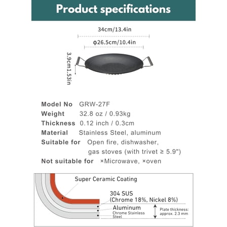 BBQ Grill Pan Dia 10.4-inch Round Griddle 3-Ply Composite Steel Nonstick Foldable Handle for Open Fire Gas Stove Outdoor & Indoor Use GRW-27F
