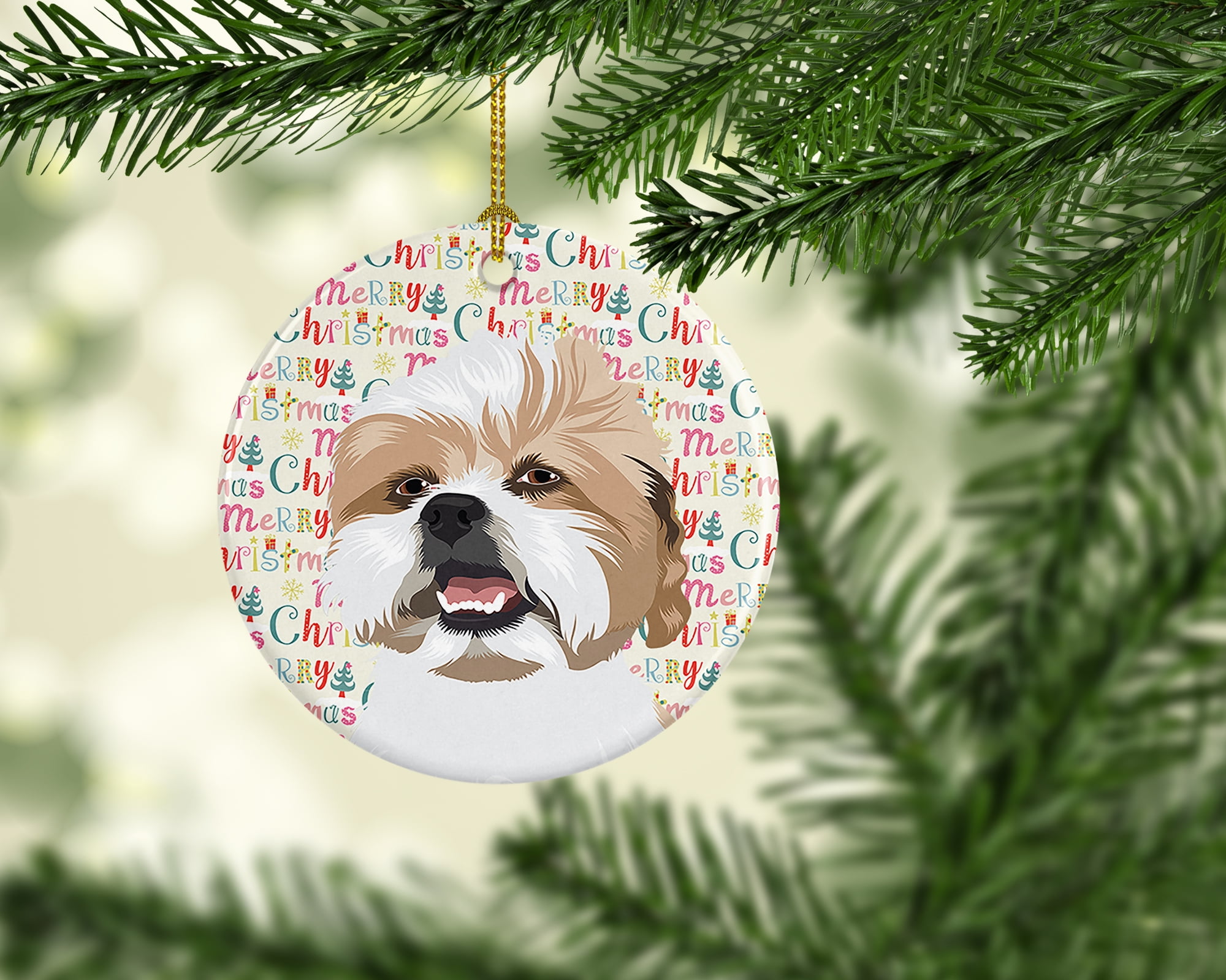 Shih-Tzu Silver Gold and White Christmas Ceramic Ornament 2.8 in x 2.8 in