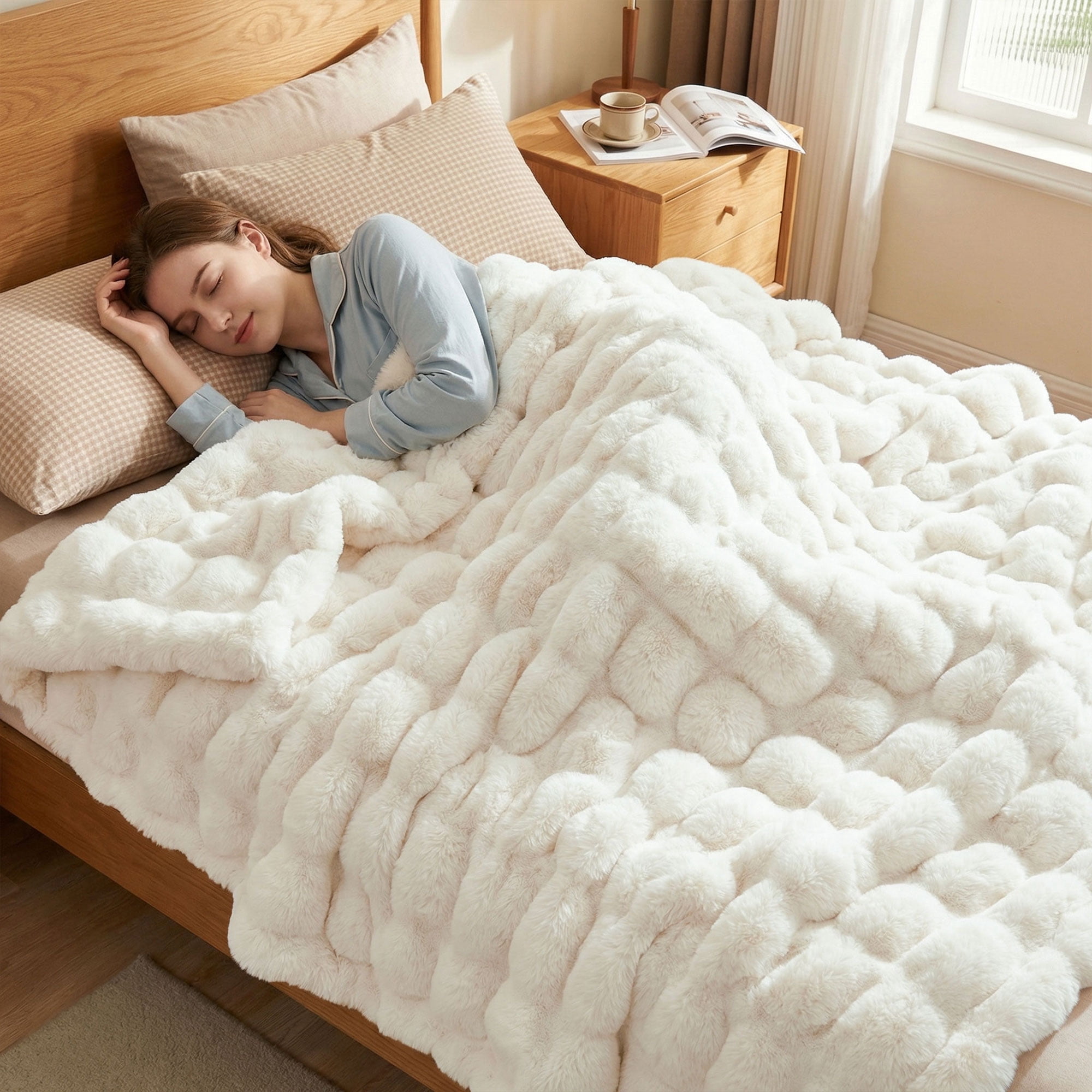 JONIYEAR Soft Decorative Fuzzy Bubble Faux Rabbit Fur Throw Blanket for Couch 50" x 60", Double Sided Cute Plush Thick Warm Fluffy Blanket, Luxury Cozy Puffy Shaggy Comfy Furry Blankets, Cream White