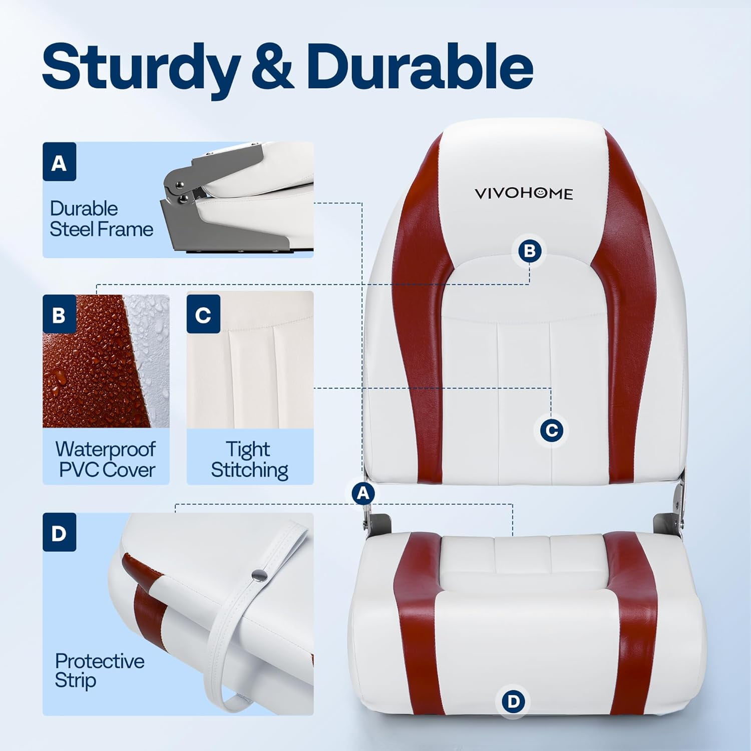 SPECSTAR Folding High Back Boat Seats 2 Pack, Waterproof Boat Captain Chairs, 4 Mounting Screws Included, White and Red