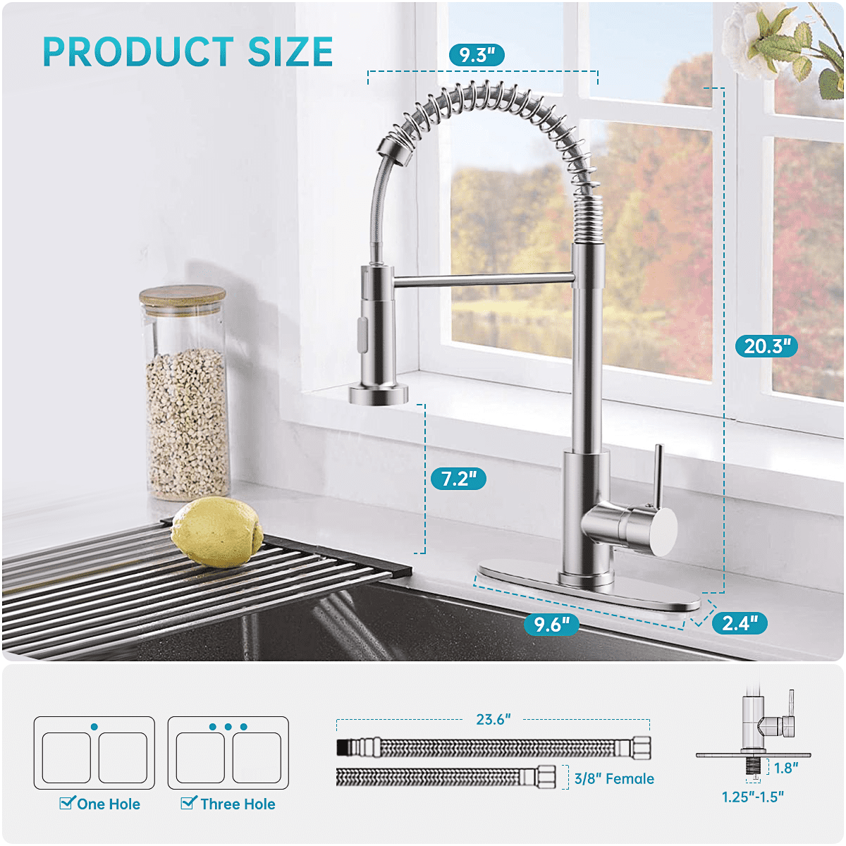 Kitchen Faucet w/ Pull Down Sprayer, High Arc Spring Kitchen Sink Faucet, Modern rv Single Handle Water faucets with Deck Plate&Water Lines, Dual Function for Bar/Laundry/Utility Sink, Brushed Nickel