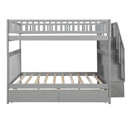 GZXS Full Over Full Bunk Bed With Two Drawers And Storage, Gray（New）