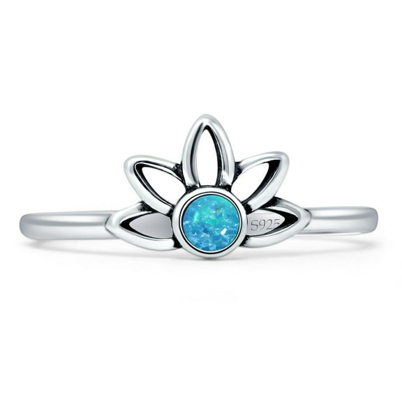 Floral Oxidized Round Ring Lab Created Blue Opal 925 Sterling Silver Size 5