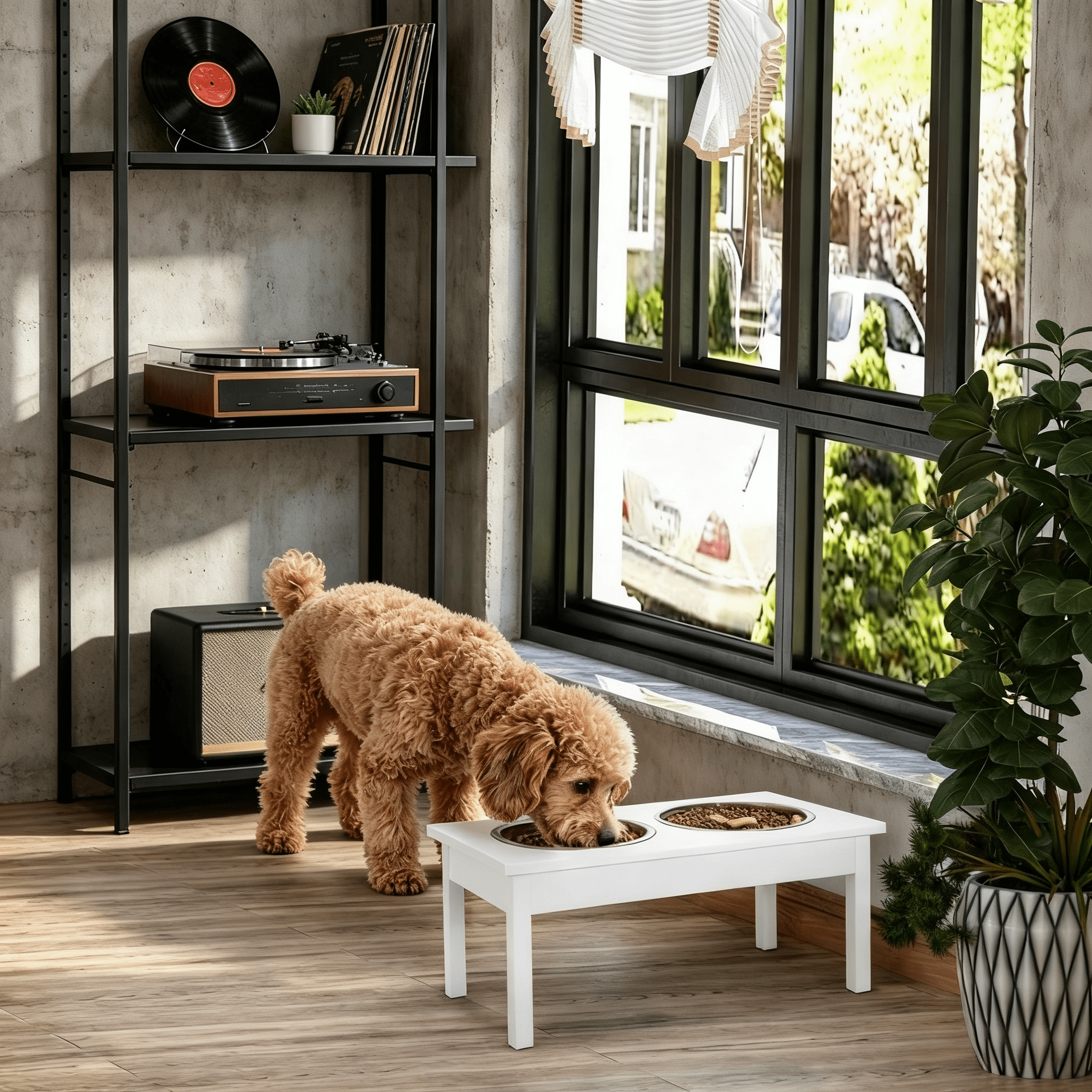 Elevated Dog Bowls, 2-in-1 Raised Pet Feeder with Stainless Steel Bowls, Non-Slip MDF Feeding Station for Small Medium Dogs Like French Bulldog Pug Beagle
