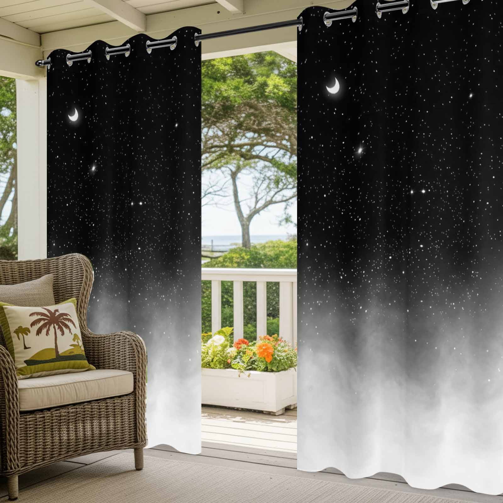 Crescent Moon Outdoor Curtains for Patio, Dreamy Black Misty Cloud Gray Gradient Fog Sunshade Privacy Drapes Grommet Waterproof Outside Curtains for Porch/Cabana/Balcony 54"x 108", 1 Panel