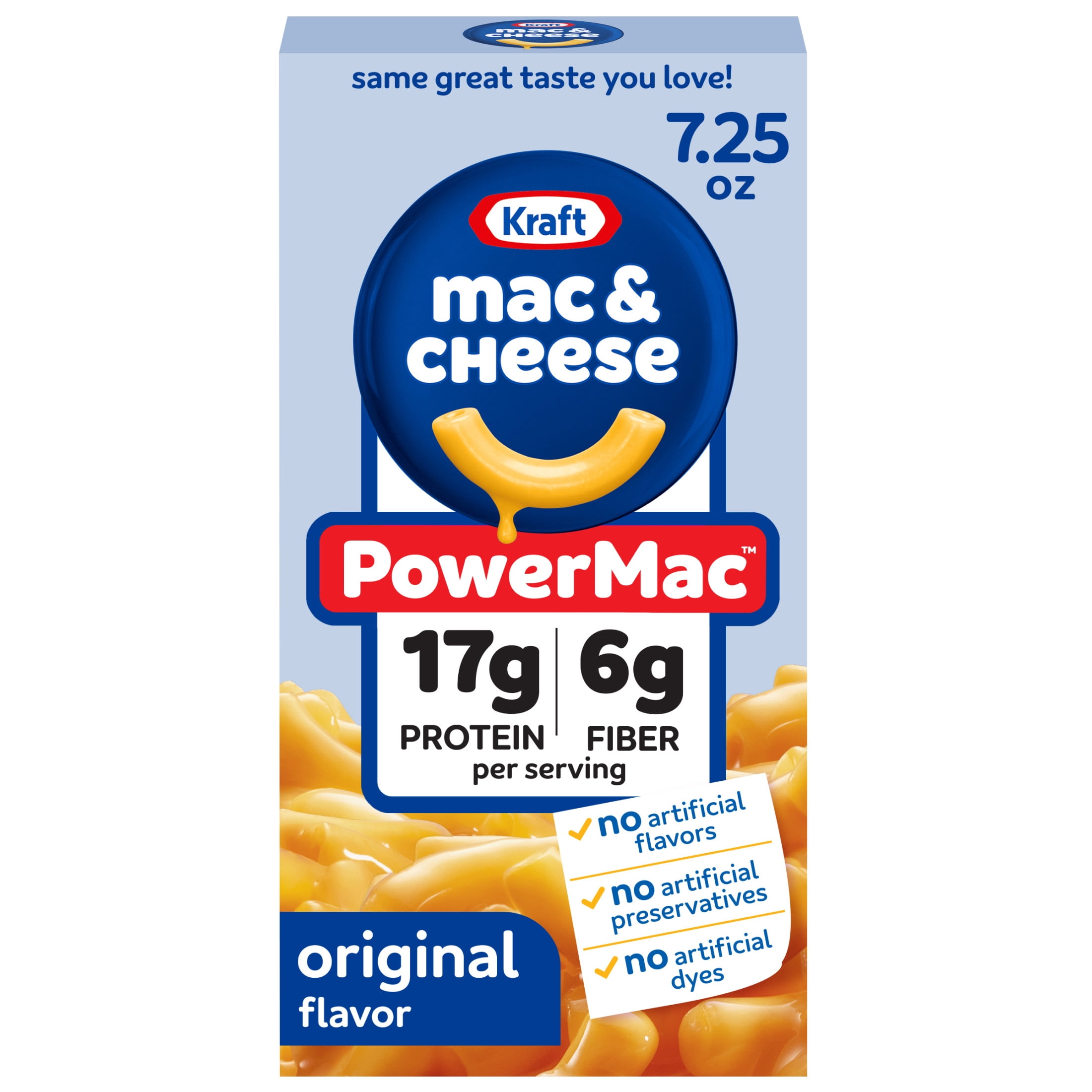 (5 pack) Kraft PowerMac Mac and Cheese, 1 Box, for Protein Easy Dinners or Dinner Sides, Original Flavor, 17g Protein and 6g of Fiber per Serving, No Artificial Flavors, Preservatives or Dyes, 7.25 oz