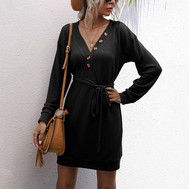 Suéter túnica, vestidos tipo jersey, cuello en V para mujer, suéter de punto con cuello en V, vestidos de punto con botones delanteros y cuello en V, rendimiento finamente ajustado