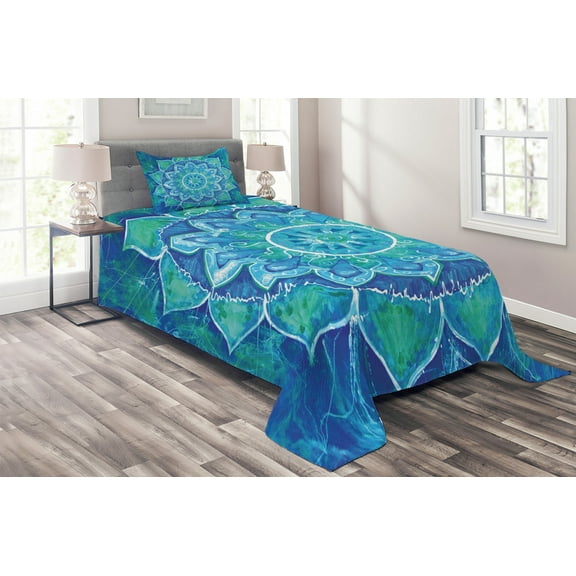 Ambesonne Mandala Quilted Coverlet 2 Pcs, Grunge Modern, Twin Size, Pale Blue and White