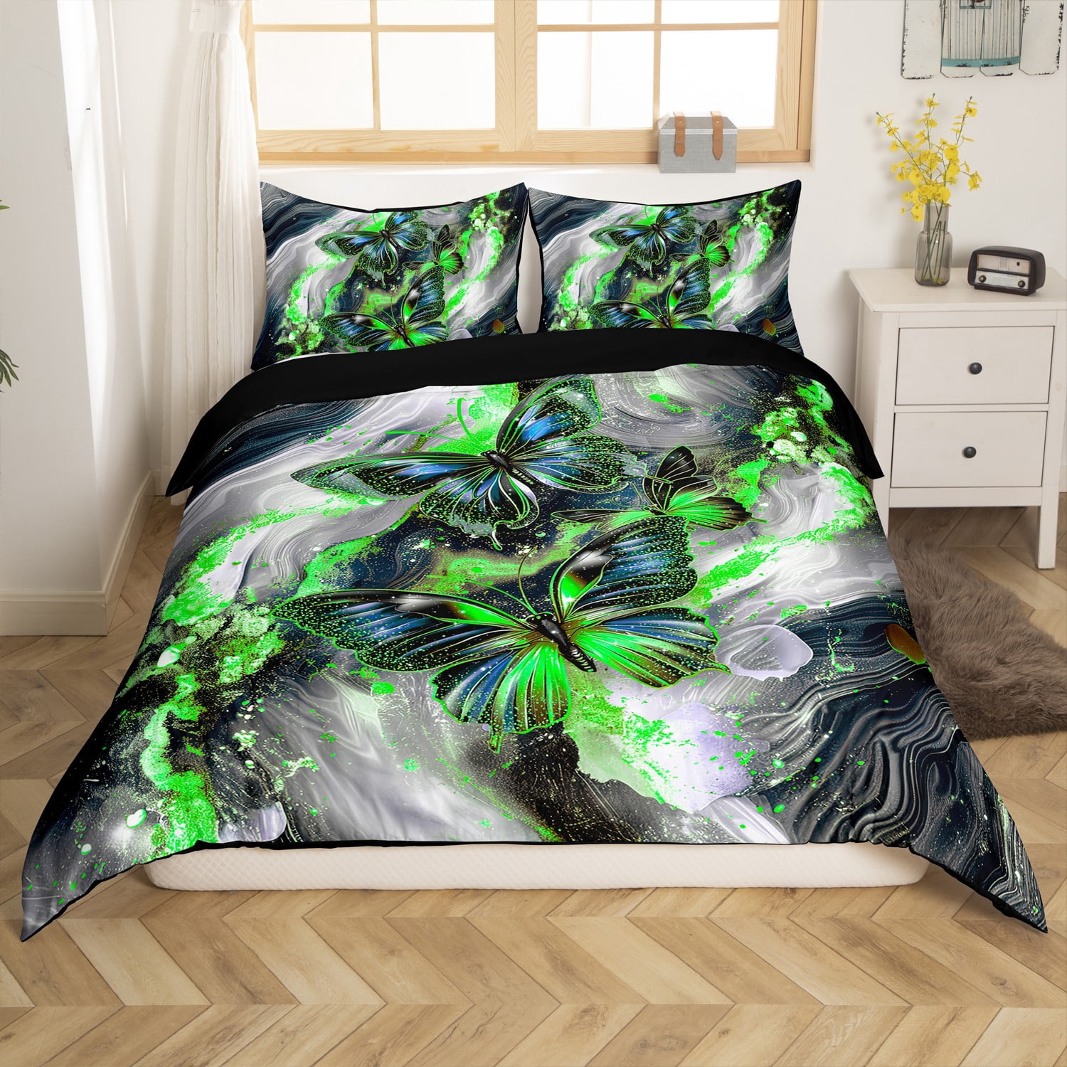 Black Marble Duvet Cover Set Blue Butterfly Comforter Cover,Green Marbling Queen Bedding Sets,Abstract Ombre Ink Fluid Art Bed Set Rustic Animal Dreamy Butterflies Room(No Comforter)