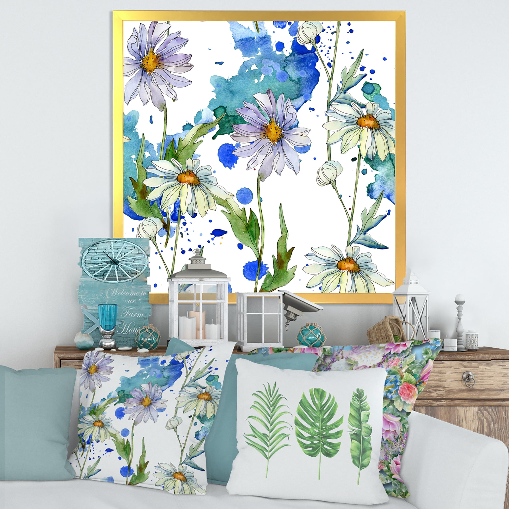 Designart 'Daisies With Green Leaves and Background' Traditional Framed Art Print
