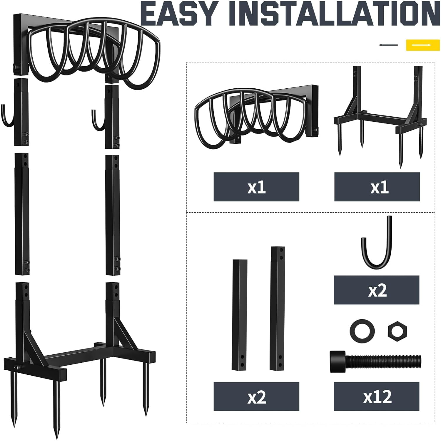 Garden Hose Holder with 4 Spikes & 2 Tool Hooks, Freestanding Water Hose Stand Heavy Duty 2 Hooks Metal Garden Hose Storage Hose Reel Rack for Outside