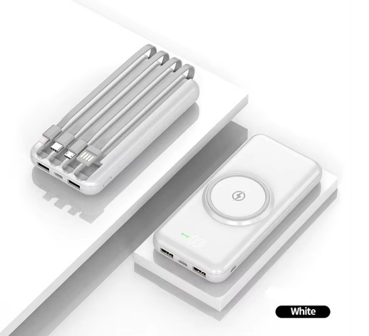Power Bank with Built in Cables 20000mAh Wireless Charger Fast Charging Large Capacity White