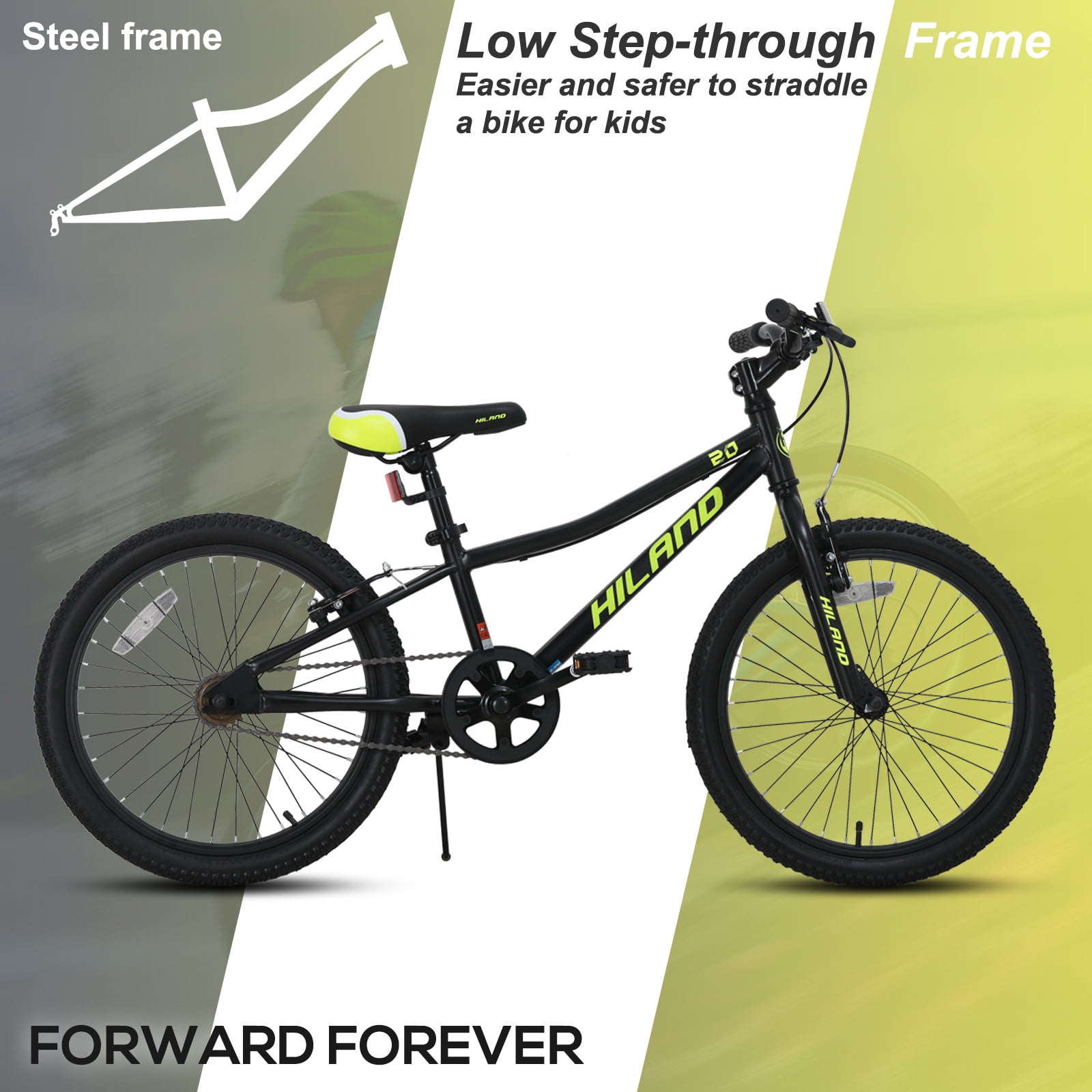 Hiland 20 inch Kids Mountain Bike for Girls Boys with Dual Handbrakes Kickstand, Black
