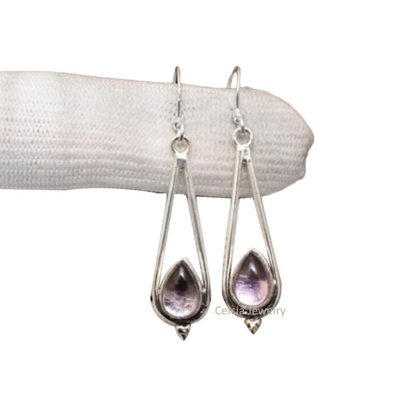 Solid 925 Sterling Silver Dangle Drop Earrings For Women, Genuine Amethyst Pear Gemstone Unique Handcrafted February Birthstone Earrings