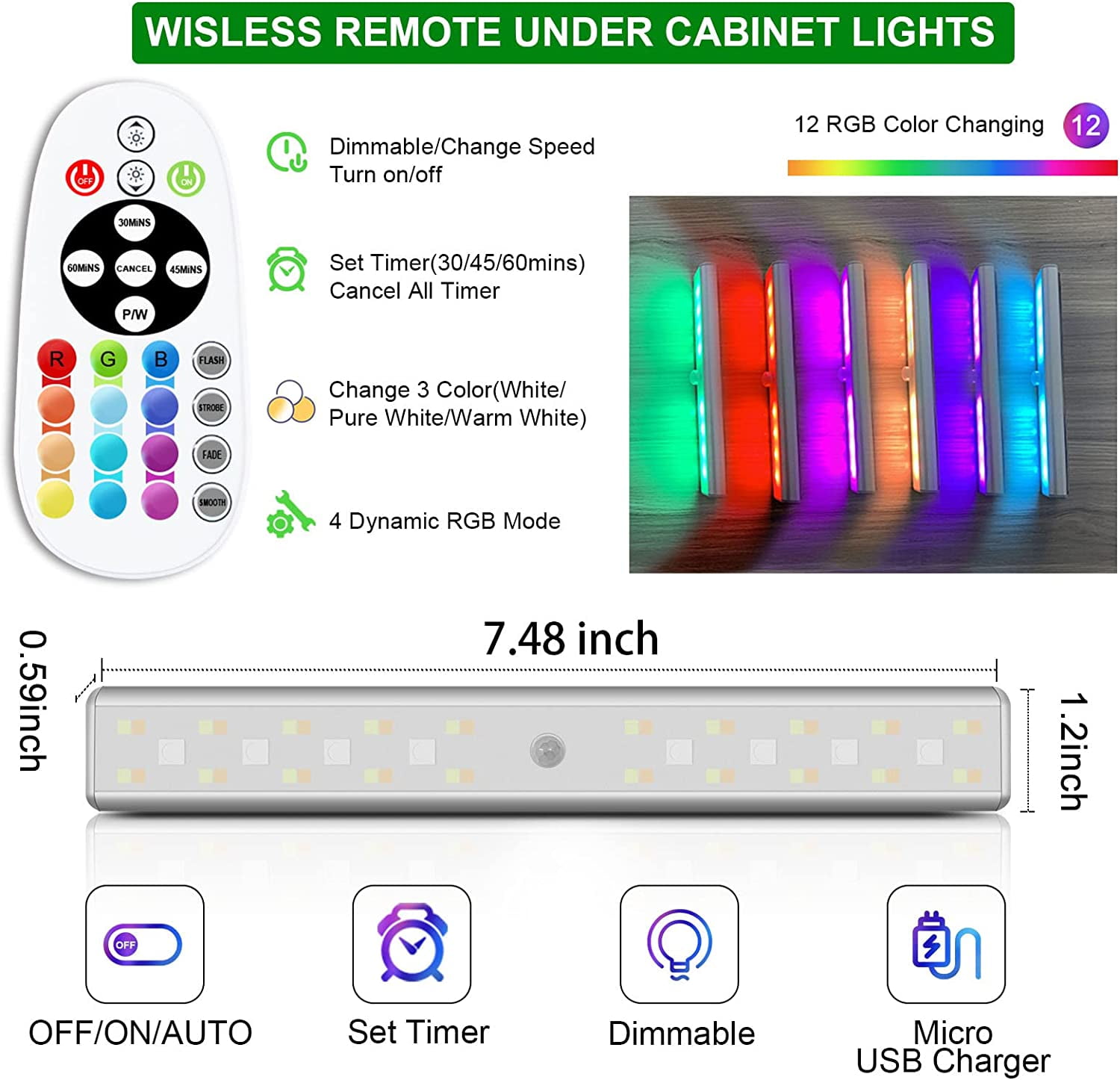 Under Cabinet Lights Wireless, 48-LED Under Cabinet Lighting Rechargeable, Closet Light with Timer & Dimmable, Under Counter Lights for Kitchen Shelf Pantry Desk (4 Packs)