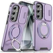 Dteck Magnetic Case with Tempered Glass Screen Protector for Samsung Galaxy A16 5G,Shockproof Hard Plastic Shell Phone Case with Phone Ring Grip Holder Kickstand/Slide Camera Cover,Purple