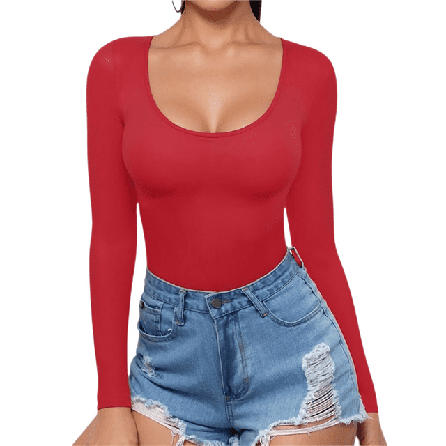 Womens Scoop Neck Long Sleeve Slim Fit T Shirt Tunic Tops Tee Red L