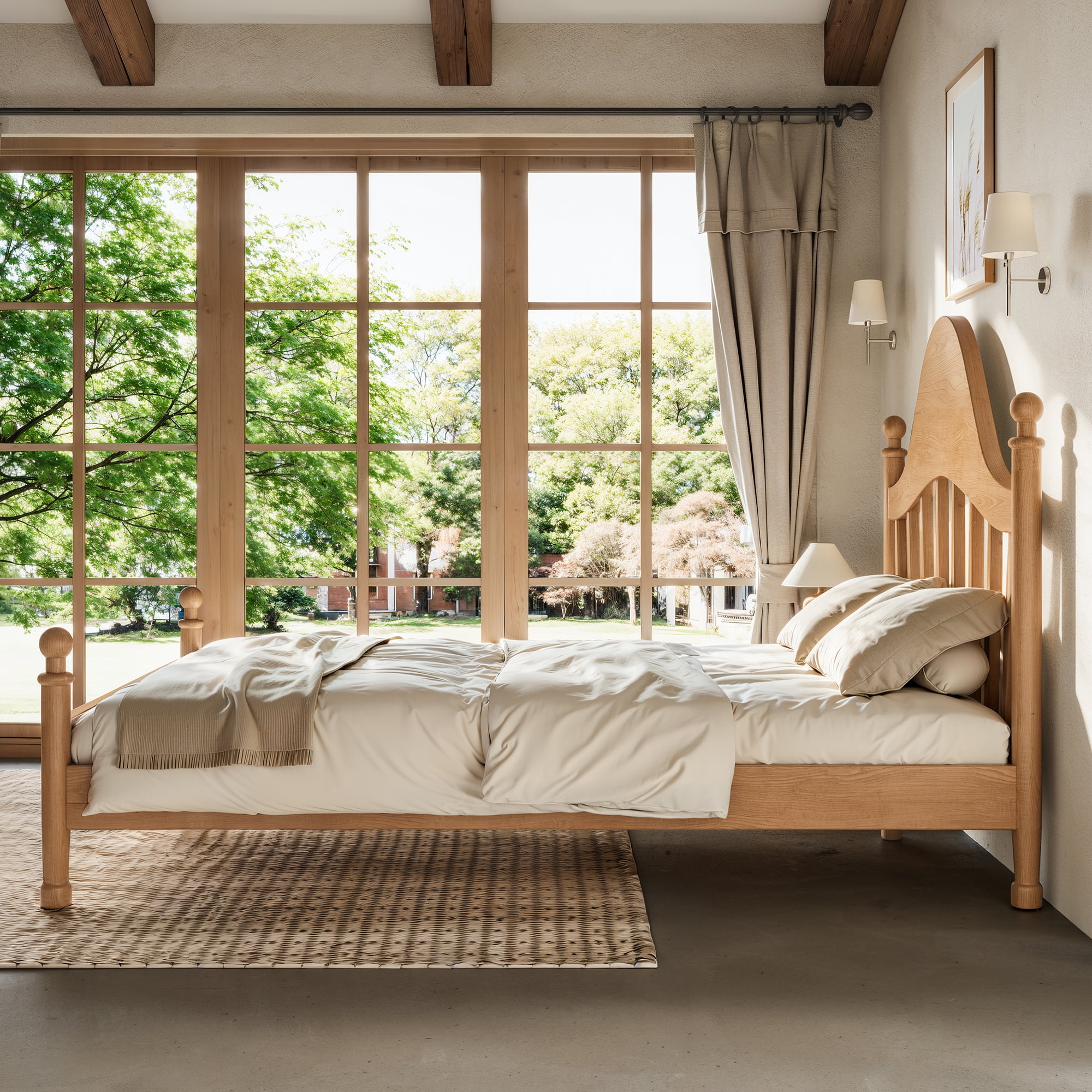 Leumius Full Size Platform Bed with Chic Headboard, Solid Wood Bed Frame with Slatted Support, Low to Ground Design for Bedroom Natural