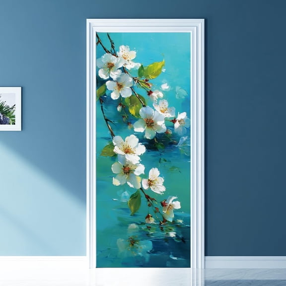 2 Pcs Self-Adhesive Door Stickers 31.5"x78.7" March Cherry Blossom Pattern Door Murals Stickers PVC Doors Removable Wallpaper Decoration
