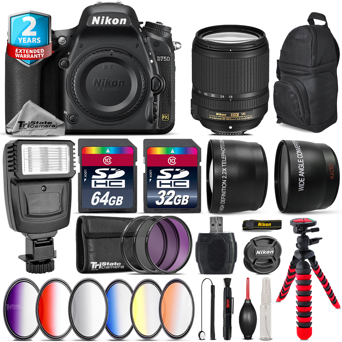 Nikon D750 DSLR Camera + AFS 18140mm VR + Slave Flash + 9PC Filter Kit