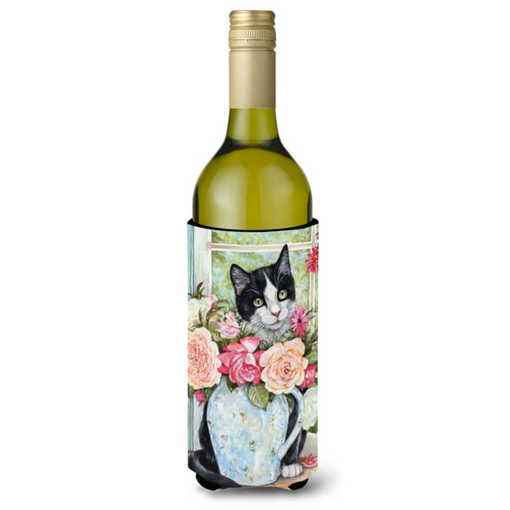 Carolines Treasures CDCO0176LITERK Black and White Rose Cat Wine Bottle Beverage Insulator Hugger  Wine Bottle
