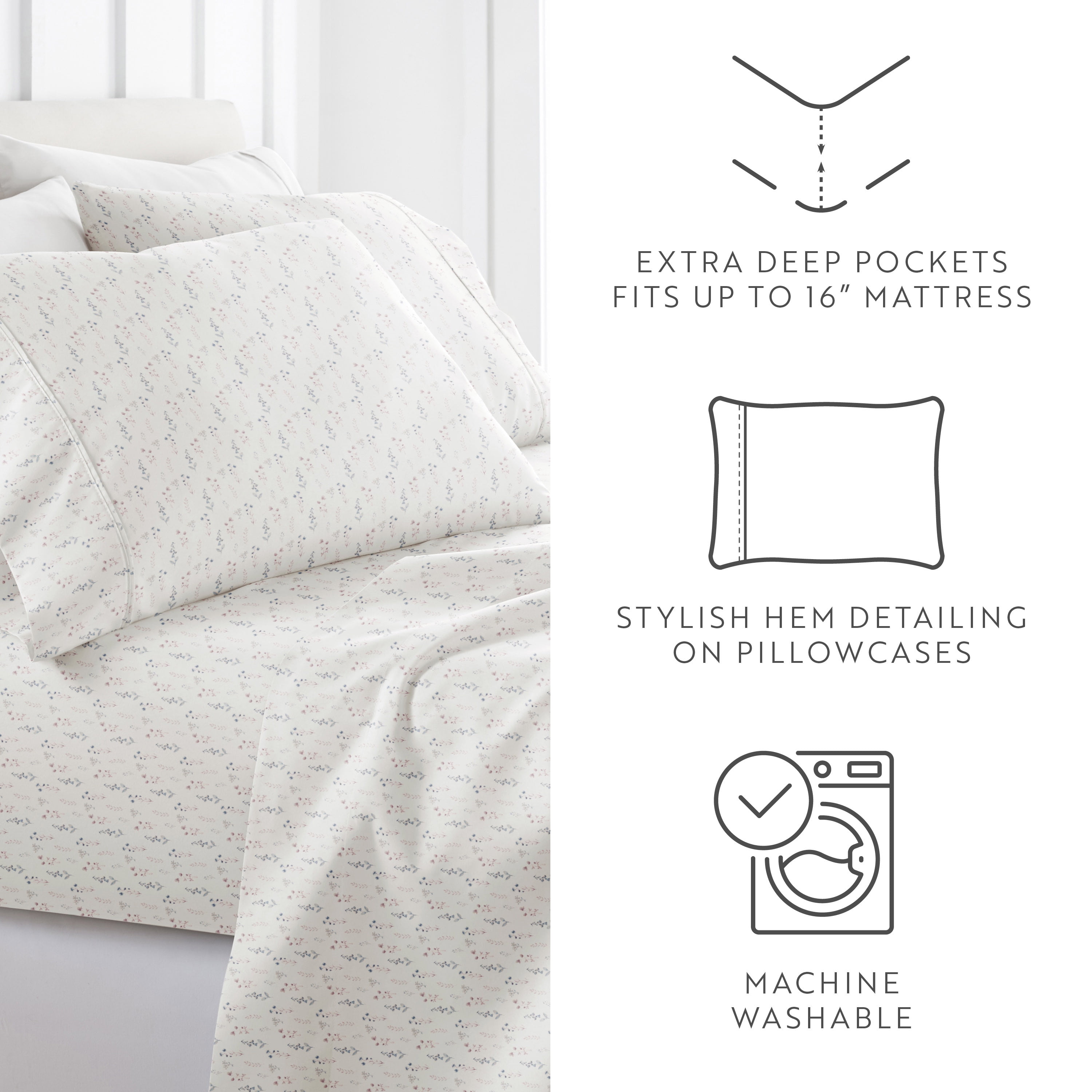 Noble Linens 4 Piece Pattern Microfiber Bed Sheets Set, Ivory Painted Meadow, Twin