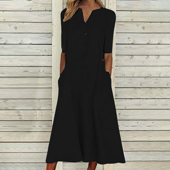 yievot Women's Summer Dress Fashion Causal V-Neck Button Short Sleeve Vacation Pockets Black Dresses