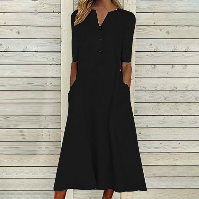EQWLJWE Économies d'Été! Robes d'Été pour Femmes 2024 Décontractées, Robe d'Été Décontractée à Imprimé Floral, Robe Midi à Boutons, Col en V, Manches Courtes, Robes Fluides Boho pour Fête à la Plage