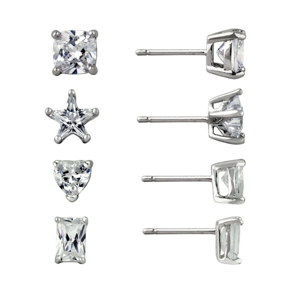 Brilliance Fine Jewelry Women's Simulated Diamond 4 Pair Multi Shape Earring Set in Sterling Silver