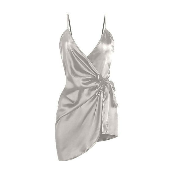Satin Silk Sexy Night Dress for Women Spaghetti Strap Front Waist Tie Knot Ruffle Hem Short Mini Dress Babydoll Chemise Lingerie