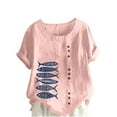 thumbnail image 2 of iHengLiXing Plus Size Spring Tops for Womens Dressy Casual Women Casual And Linen Top Fish Printed Short Sleeve Button Tunic T-shirt Blouse Pink L, 2 of 4