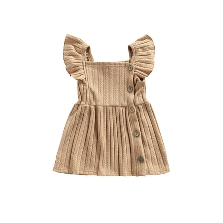 

Thaisu Baby Girls Casual Princess Dress Cotton Solid Color Square Collar Fly Sleeve One-piece Pink/ Beige/ Khaki 3M-2Y
