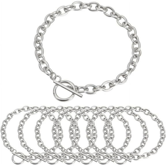 10Pcs Toggle Bracelets Stainless Steel Bracelet Chains Bulk Silver Metal Adjustable OT Charm Links Bangles Cable Chain with Toggles Clasps for Jewelry Making DIY Crafts Women Accessories