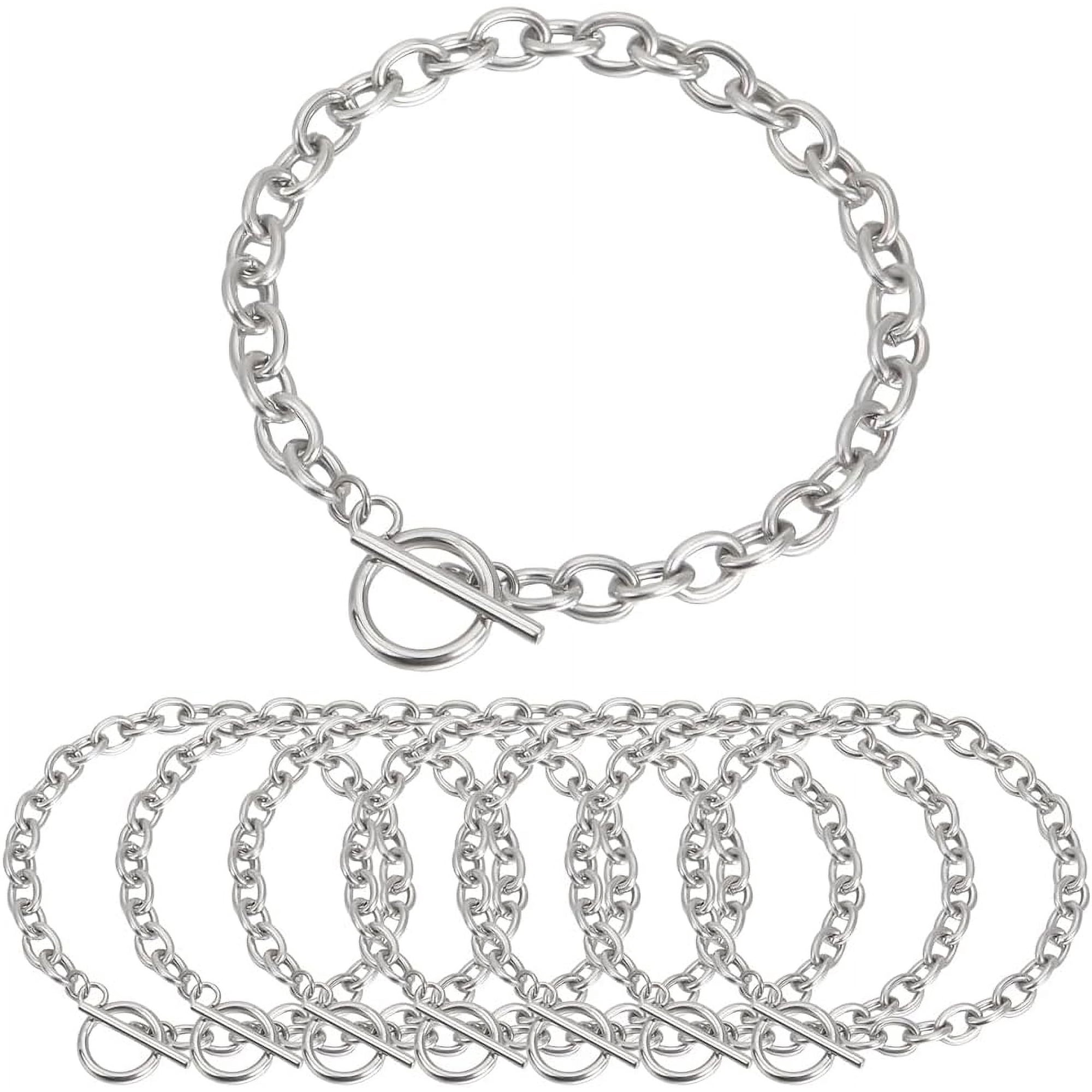 10Pcs Toggle Bracelets Stainless Steel Bracelet Chains Bulk Silver Metal Adjustable OT Charm Links Bangles Cable Chain with Toggles Clasps Handmade