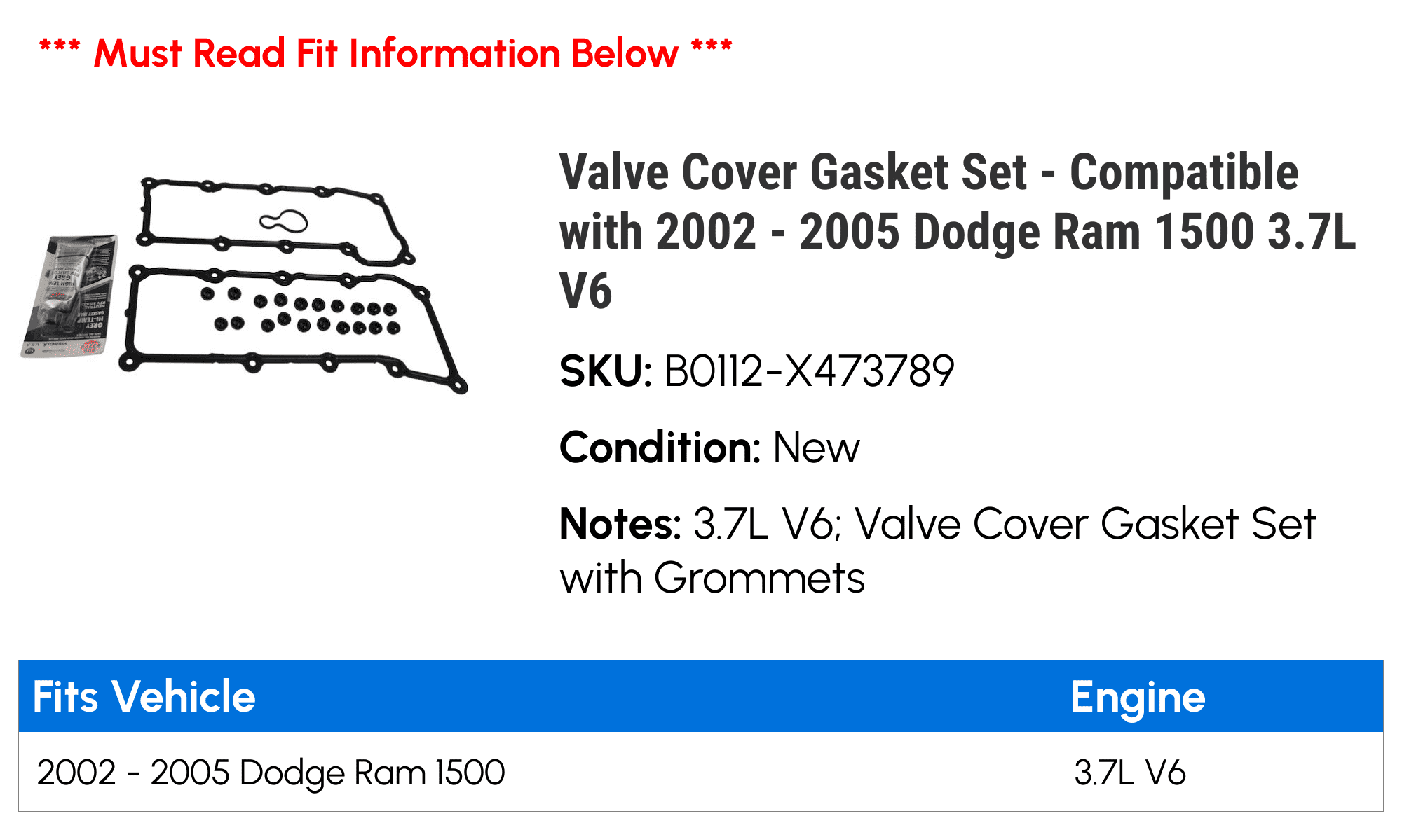 Valve Cover Gasket Set - Compatible with 2002 - 2005 Dodge Ram 1500 3.7L V6 - Replacement
