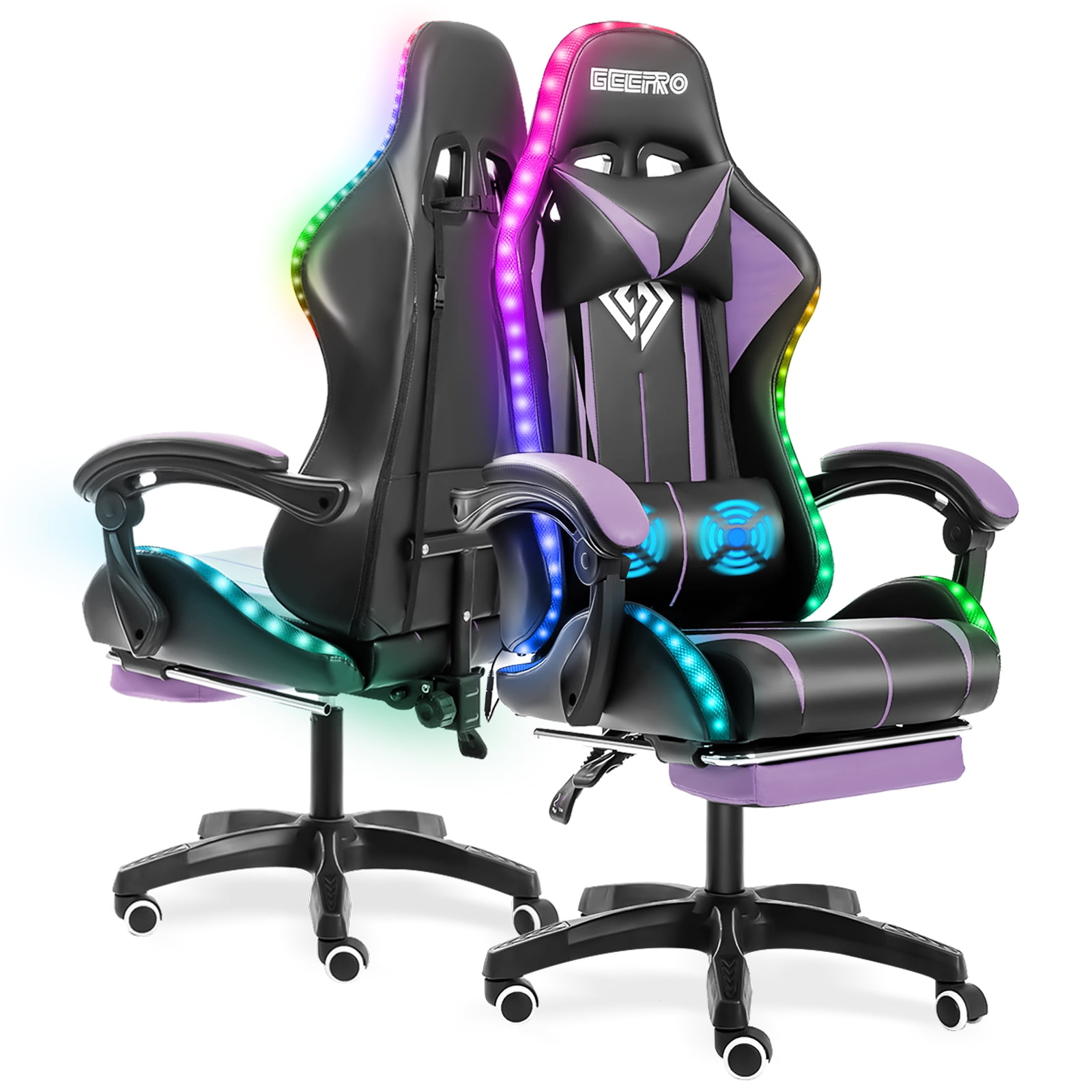 Hoffree Gaming Chair with Massage PU Leather Office Chair with Footrest and LED Light Ergonomic Gamer Chair Lumbar Support Adjustable Headrest High Back Computer Chair for Home Office