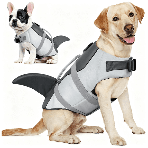 CUDIAO Dog Life Jacket,Dog Life Vest for Swimming,Reflective Puppy Safety Vest with Superior Buoyancy and Rescue Handle,Adjustable Dogs Swimsuit Float Coat for Small Dogs,Grey Shark Xs