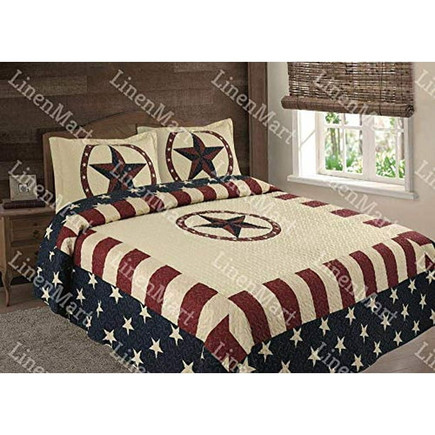 Linen Mart King Quilt 3 Piece Set Red Beige Blue American Flag Western