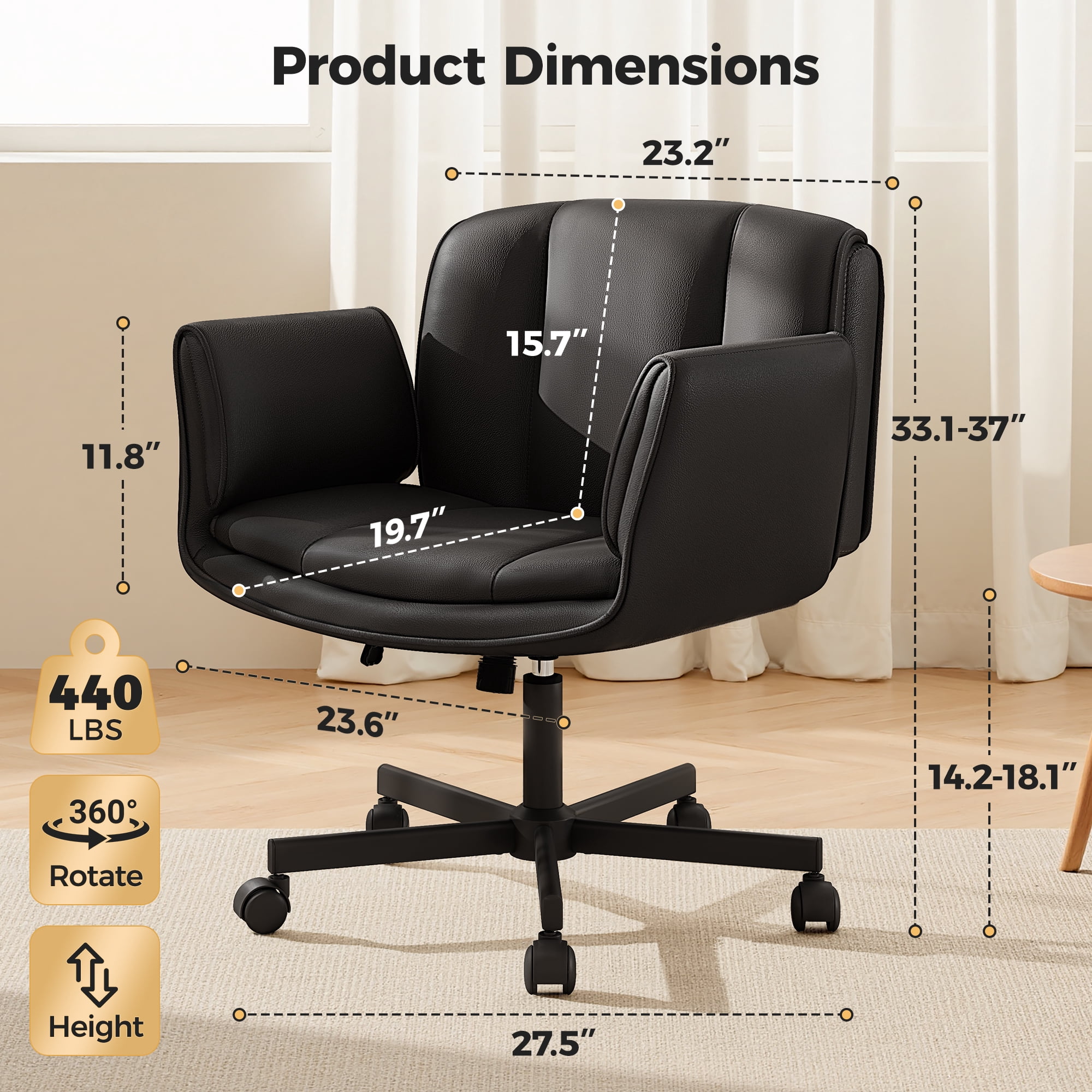COOLHUT Criss Cross Office Chair, PU Leather Vanity Chair with Armrests and Wheels, Comfy Adjustable Swivel Ergonomic Criss Cross Chair for Home Office Bedroom Makeup, Black